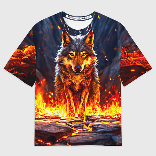 Женская футболка оверсайз Волк в огненной пещере / 3D-принт – фото 1
