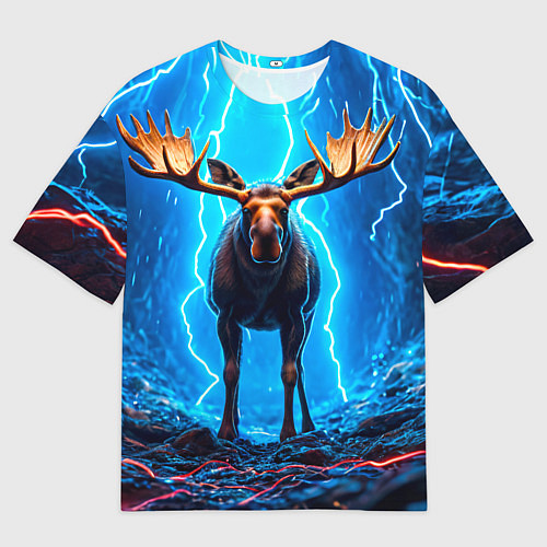 Женская футболка оверсайз Лось и молния / 3D-принт – фото 1