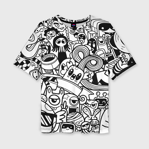 Женская футболка оверсайз Black and white doddle monsters / 3D-принт – фото 1
