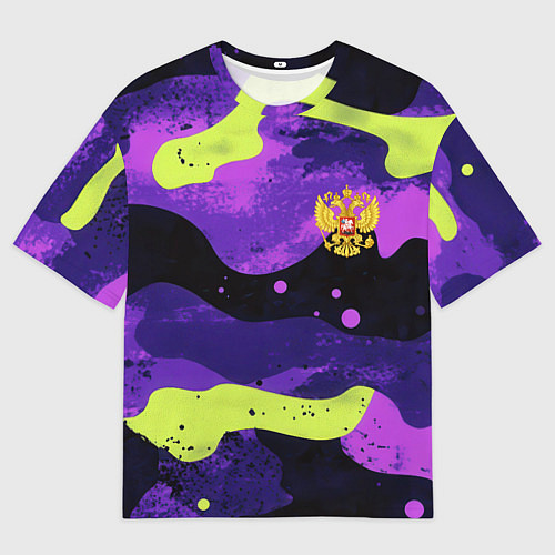 Женская футболка оверсайз Черно-фиолетовый камуфляж и золотой герб РФ / 3D-принт – фото 1
