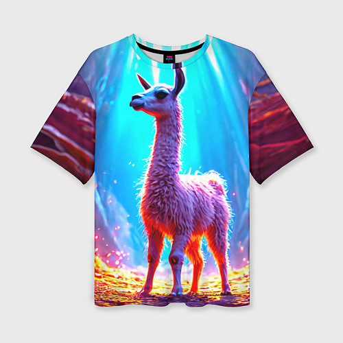 Женская футболка оверсайз Лама в неоновых лучах / 3D-принт – фото 1