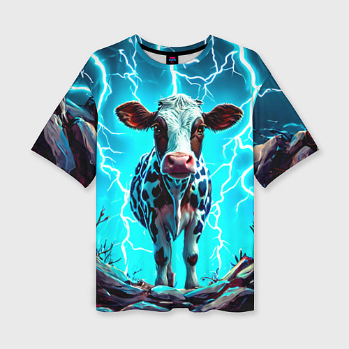 Женская футболка оверсайз Корова в разрядах молнии / 3D-принт – фото 1