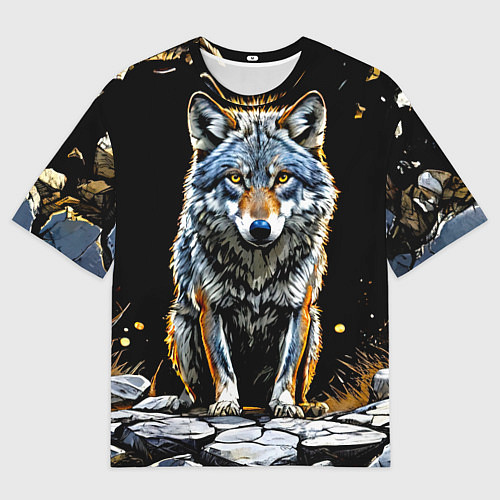 Женская футболка оверсайз Волк на черном / 3D-принт – фото 1