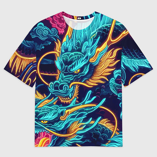 Женская футболка оверсайз Два неоновых дракона - ирезуми / 3D-принт – фото 1