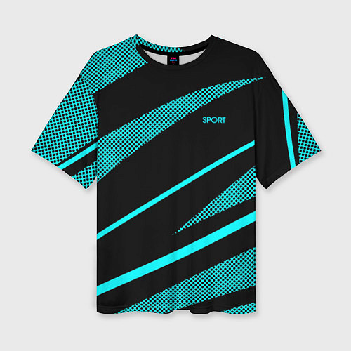 Женская футболка оверсайз Sport чёрный и неоновый голубой абстракция с полос / 3D-принт – фото 1