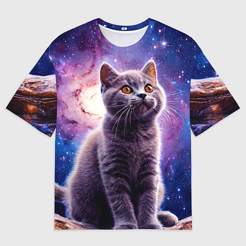 Женская футболка оверсайз Британская короткошёрстная кошка в космосе / 3D-принт – фото 1