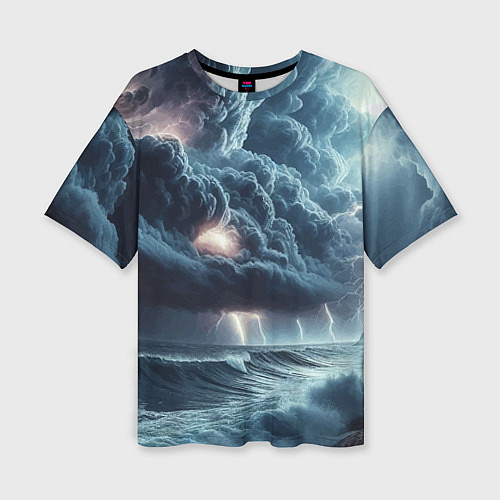Женская футболка оверсайз Шторм на море - сверкание молний / 3D-принт – фото 1