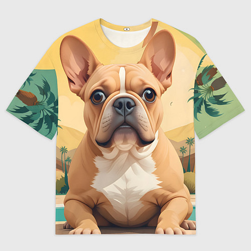 Женская футболка оверсайз Бульдог и пальмы / 3D-принт – фото 1