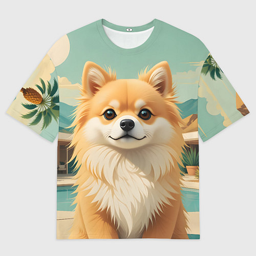 Женская футболка оверсайз Шпиц и пальмы / 3D-принт – фото 1