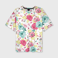 Футболка оверсайз женская Розы красные и бирюзовые, цвет: 3D-принт
