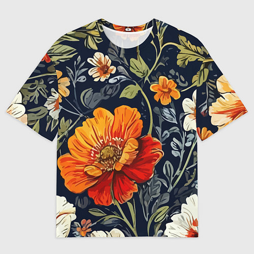Женская футболка оверсайз Маки и пионы старинный паттерн / 3D-принт – фото 1