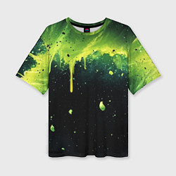 Футболка оверсайз женская Зеленая стекающая краска по черному фону, цвет: 3D-принт