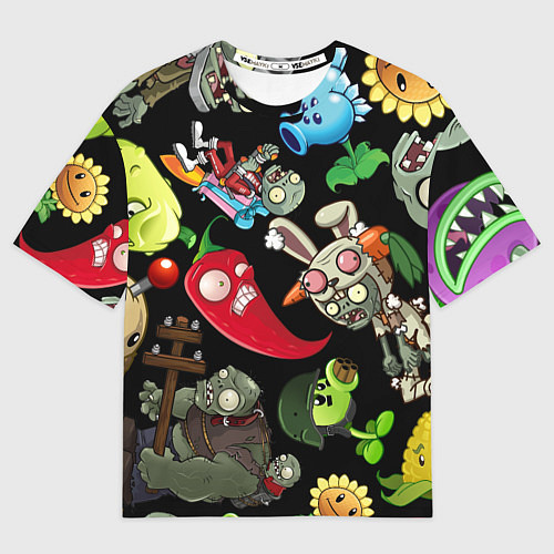 Женская футболка оверсайз Растения против зомби персонажи на черном / 3D-принт – фото 1