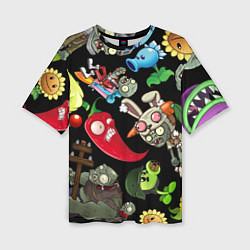Футболка оверсайз женская Растения против зомби персонажи на черном, цвет: 3D-принт