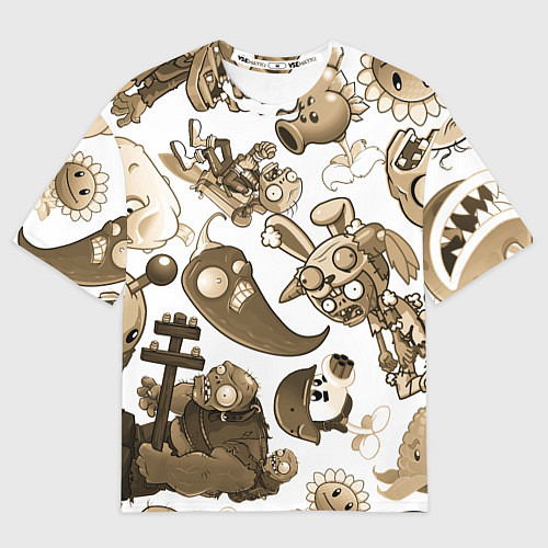 Женская футболка оверсайз Растения против зомби в бежевых тонах / 3D-принт – фото 1