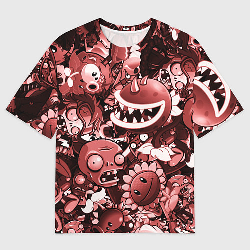 Женская футболка оверсайз Растения против зомби в красном цвете / 3D-принт – фото 1