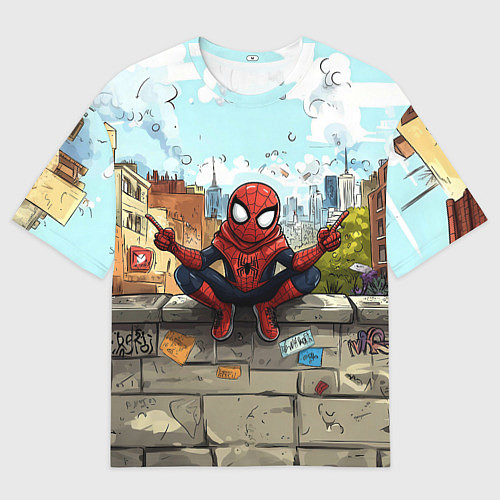 Женская футболка оверсайз Маленький человек-паук в городе / 3D-принт – фото 1