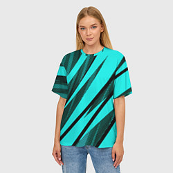 Футболка оверсайз женская Неоновый голубой с чёрным абстракция с полосами, цвет: 3D-принт — фото 2