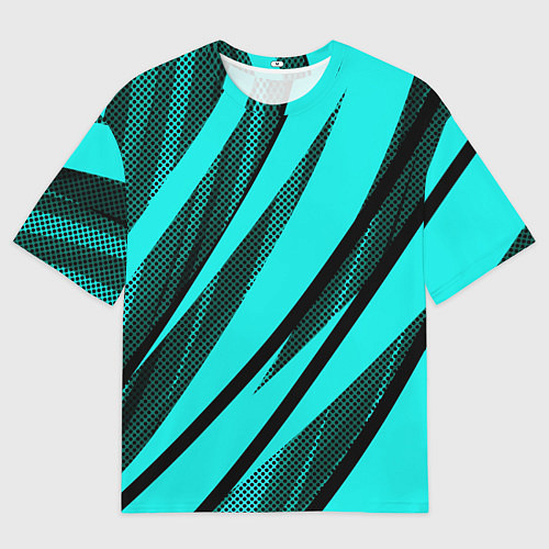 Женская футболка оверсайз Неоновый голубой с чёрным абстракция с полосами / 3D-принт – фото 1