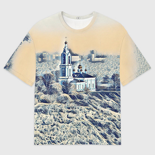 Женская футболка оверсайз Храм на фоне современного города / 3D-принт – фото 1