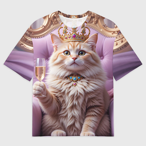 Женская футболка оверсайз Кот с короной и шампанским / 3D-принт – фото 1