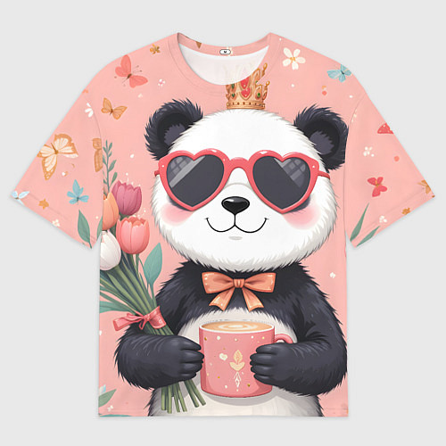 Женская футболка оверсайз Панда с поздравлениями и с цветами / 3D-принт – фото 1