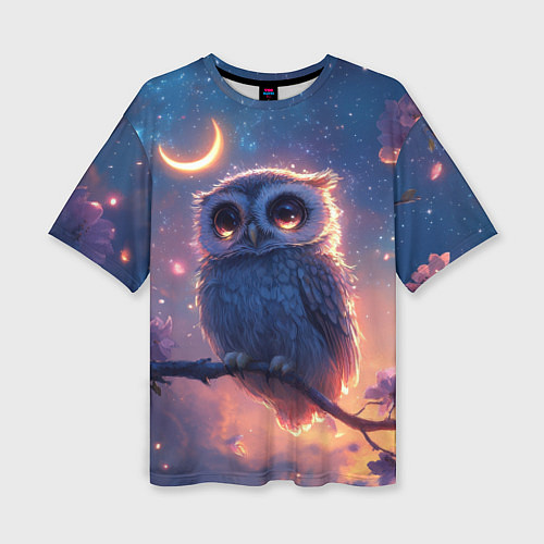 Женская футболка оверсайз Совушка и полумесяц / 3D-принт – фото 1