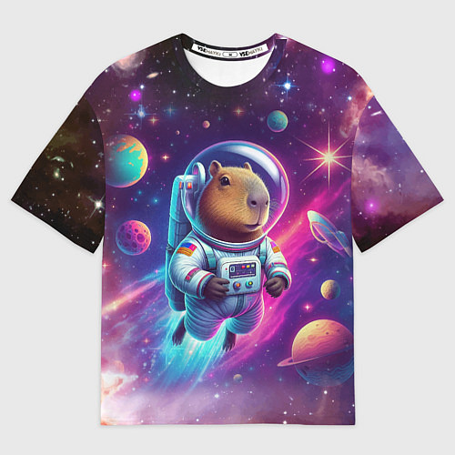 Женская футболка оверсайз Космонавт капибара в неоновом космосе / 3D-принт – фото 1