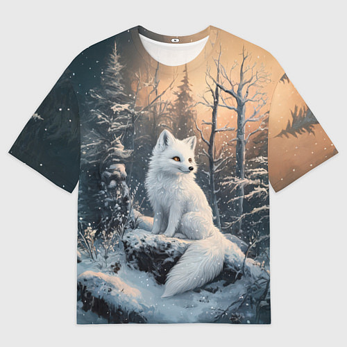 Женская футболка оверсайз Белый лисенок в зимнем лесу / 3D-принт – фото 1