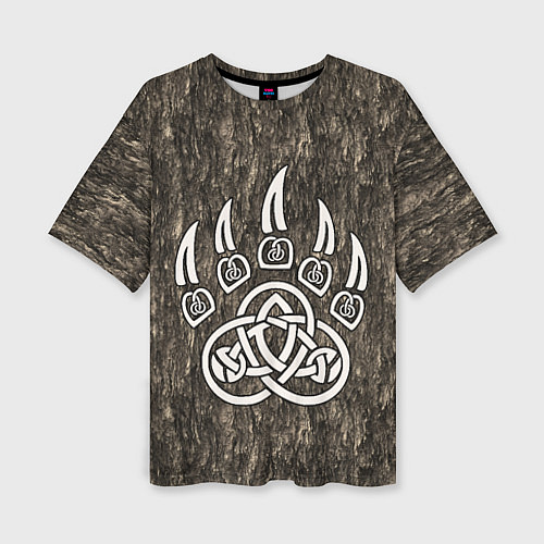 Женская футболка оверсайз Символ Велеса - лапа медведя в текстуре древа / 3D-принт – фото 1