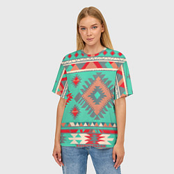 Футболка оверсайз женская Оранжево бирюзовый геометрический узор в стиле ацт, цвет: 3D-принт — фото 2