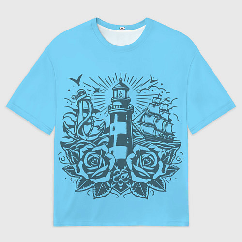 Женская футболка оверсайз Маяк с розами и кораблем / 3D-принт – фото 1