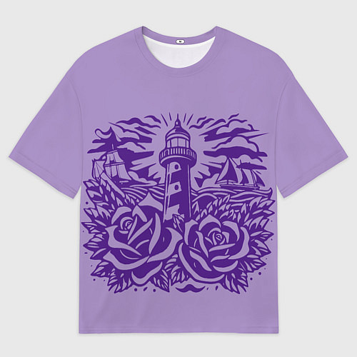 Женская футболка оверсайз Маяк с розами и корабли / 3D-принт – фото 1