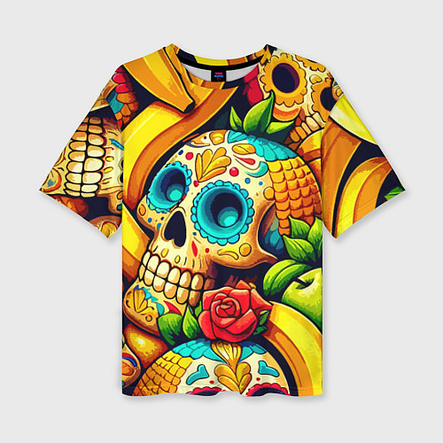 Женская футболка оверсайз Colorfull skulls and bananas - pop art pattern / 3D-принт – фото 1