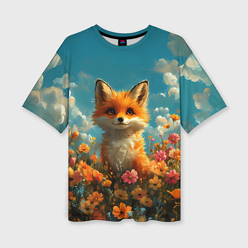 Женская футболка оверсайз Лисица в цветочном поле / 3D-принт – фото 1