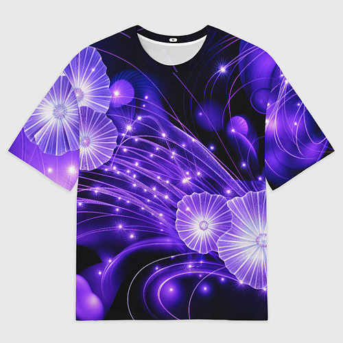 Женская футболка оверсайз Силуэты цветов на темном фоне - фиолетовое свечени / 3D-принт – фото 1