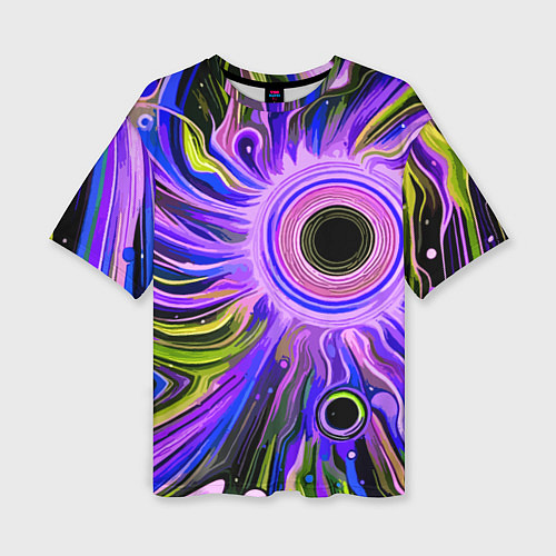Женская футболка оверсайз Абстрактный неоновый космос - чёрная дыра / 3D-принт – фото 1