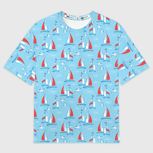 Женская футболка оверсайз Морской паттерн с парусными лодками и чайками / 3D-принт – фото 1