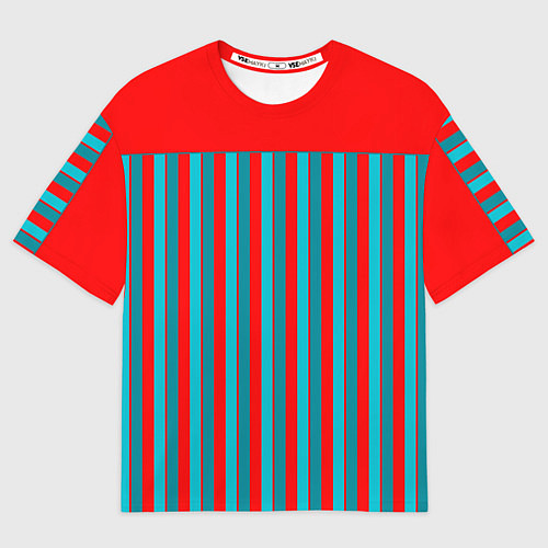 Женская футболка оверсайз Красно синий комбинированный узор с полосами / 3D-принт – фото 1