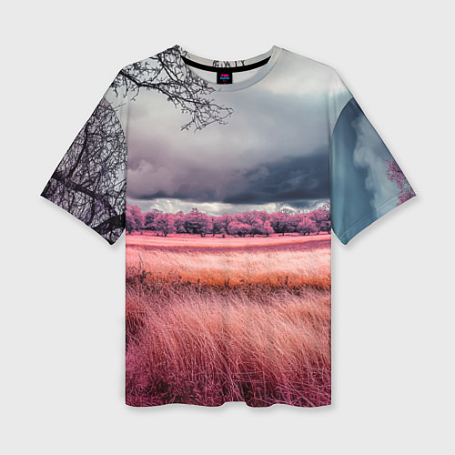 Женская футболка оверсайз Поле и деревья пейзаж - инфракрасный стиль / 3D-принт – фото 1