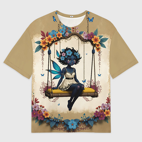 Женская футболка оверсайз Аниме фея с цветами на качелях / 3D-принт – фото 1