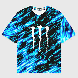 Женская футболка оверсайз Monster energy штрихи голубых неоновых красок
