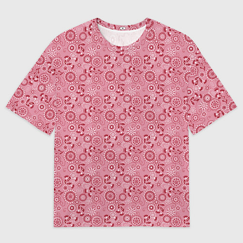 Женская футболка оверсайз Красно белый деревенский узор ретро / 3D-принт – фото 1