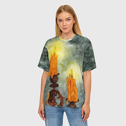 Футболка оверсайз женская Две горящие свечи в темноте, цвет: 3D-принт — фото 2
