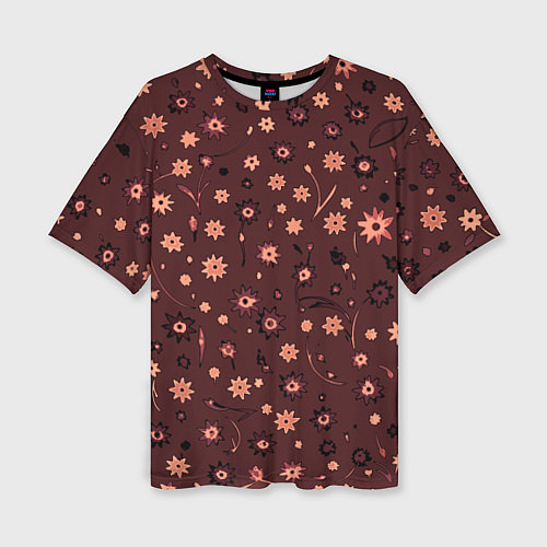 Женская футболка оверсайз Паттерн абстрактные цветы тёмный красно-розовый / 3D-принт – фото 1