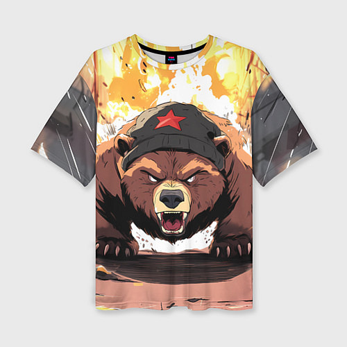 Женская футболка оверсайз Злой русский медведь с пилоткой на голове / 3D-принт – фото 1