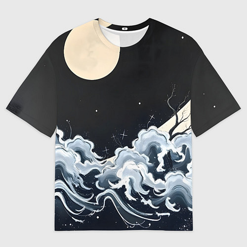 Женская футболка оверсайз Японские волны и луна / 3D-принт – фото 1