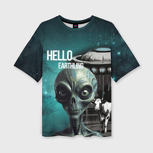 Женская футболка оверсайз Инопланетянин на фоне космоса и летающей тарелки / 3D-принт – фото 1
