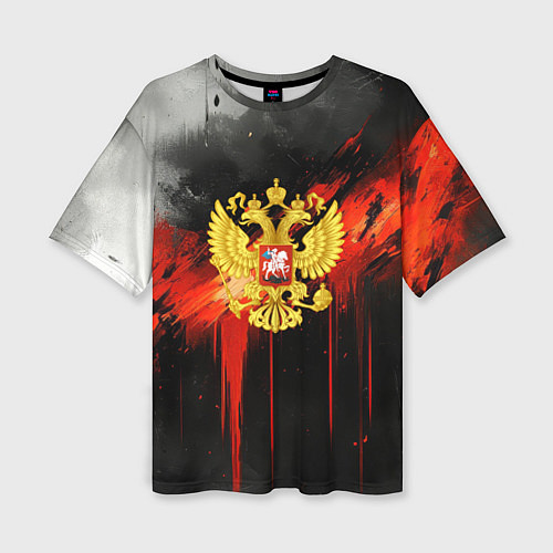 Женская футболка оверсайз Герб России - красная краска на черном / 3D-принт – фото 1