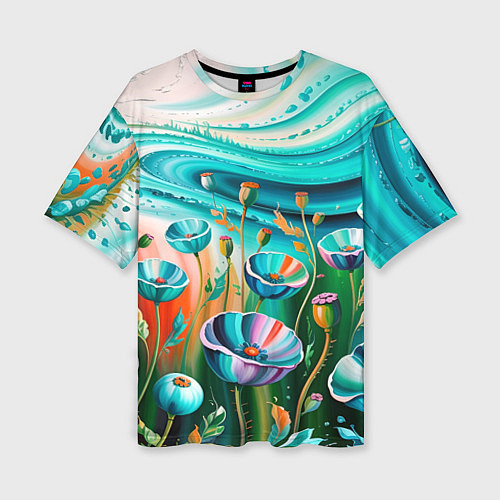 Женская футболка оверсайз Поле маков- масляная живопись / 3D-принт – фото 1
